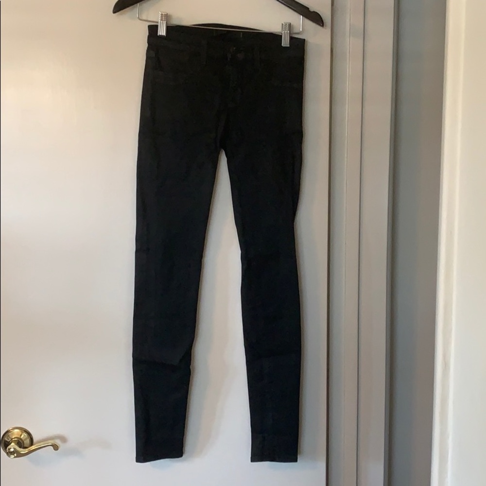 Black JBrand jeans pencil leg. Coated/wax finish